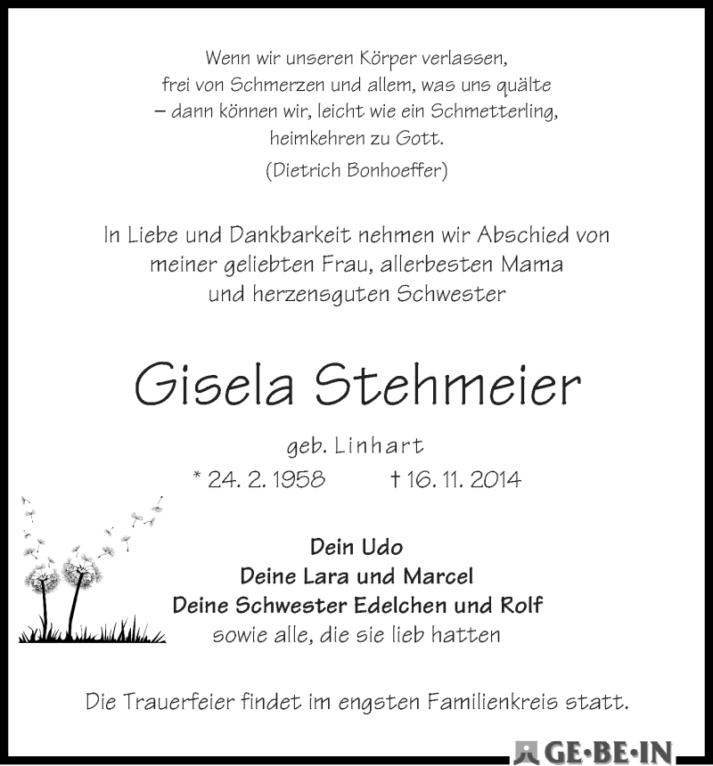 Traueranzeige von Gisela Stehmeier von WESER-KURIER