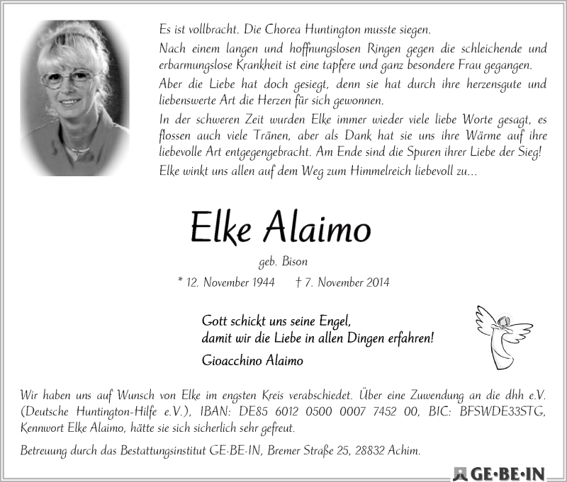 Traueranzeige von Elke Alaimo von Achimer Kurier/Verdener Nachrichten