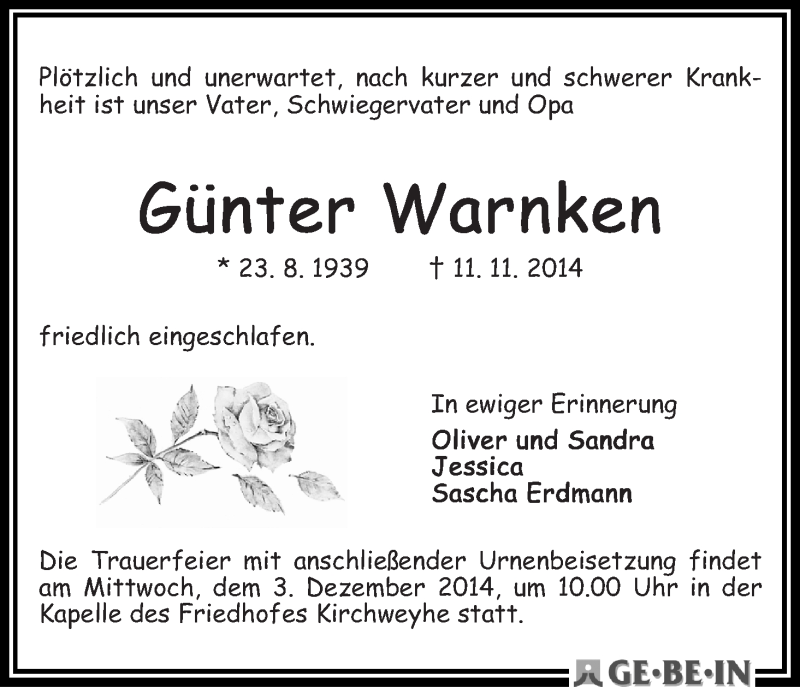 Traueranzeige von Günter Warnken von WESER-KURIER