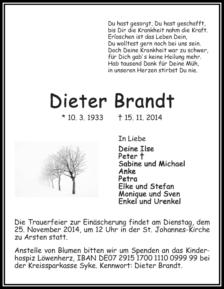 Traueranzeige von Dieter Brandt von WESER-KURIER
