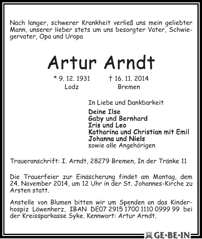 Traueranzeige von Artur Arndt von WESER-KURIER