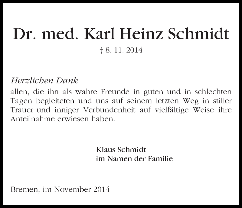 Traueranzeige von Karl Heinz Schmidt von WESER-KURIER