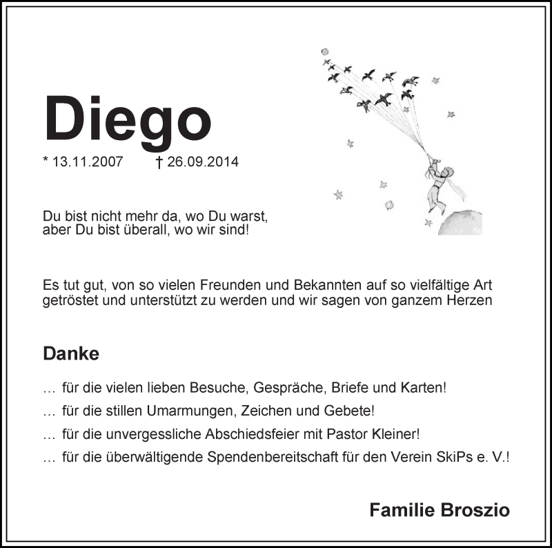Traueranzeige von Diego Broszio von Die Norddeutsche