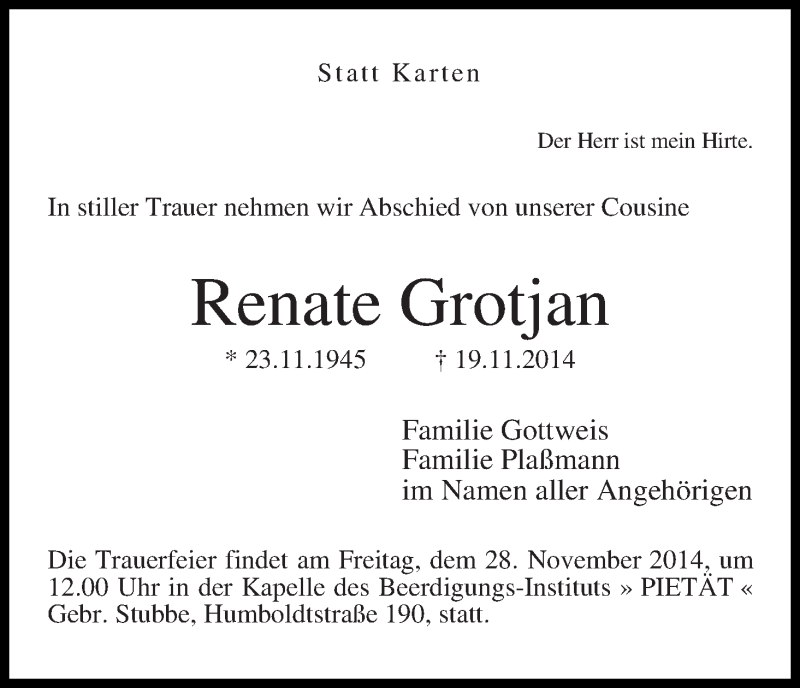 Traueranzeige von Renate Grotjan von WESER-KURIER