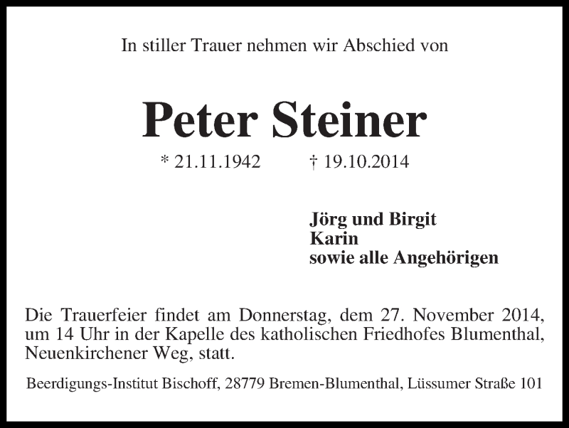 Traueranzeige von Peter Steiner von Delmenhorster Kurier