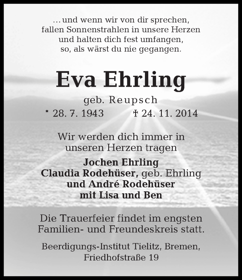 Traueranzeige von Eva Ehrling von WESER-KURIER