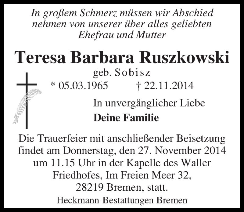Traueranzeige von Teresa Barbara Ruszkowski von WESER-KURIER