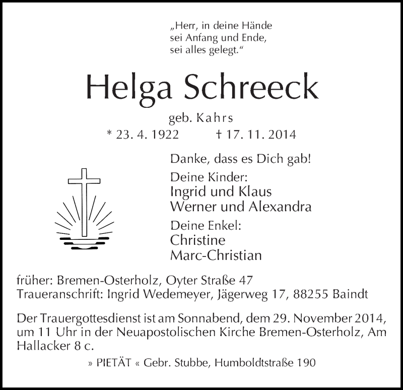Traueranzeige von Helga Schreeck von WESER-KURIER
