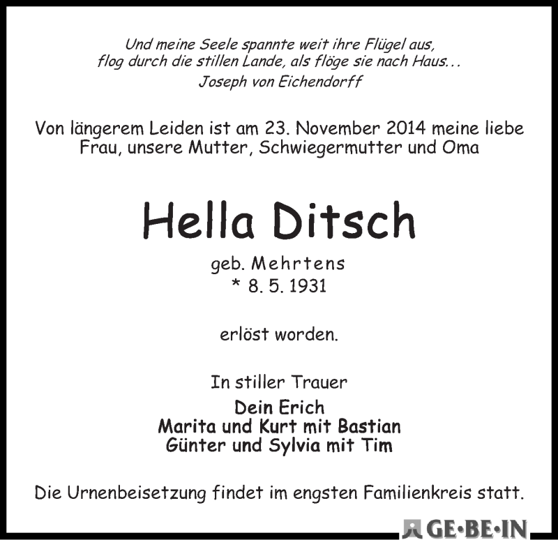 Traueranzeige von Hella Ditsch von WESER-KURIER