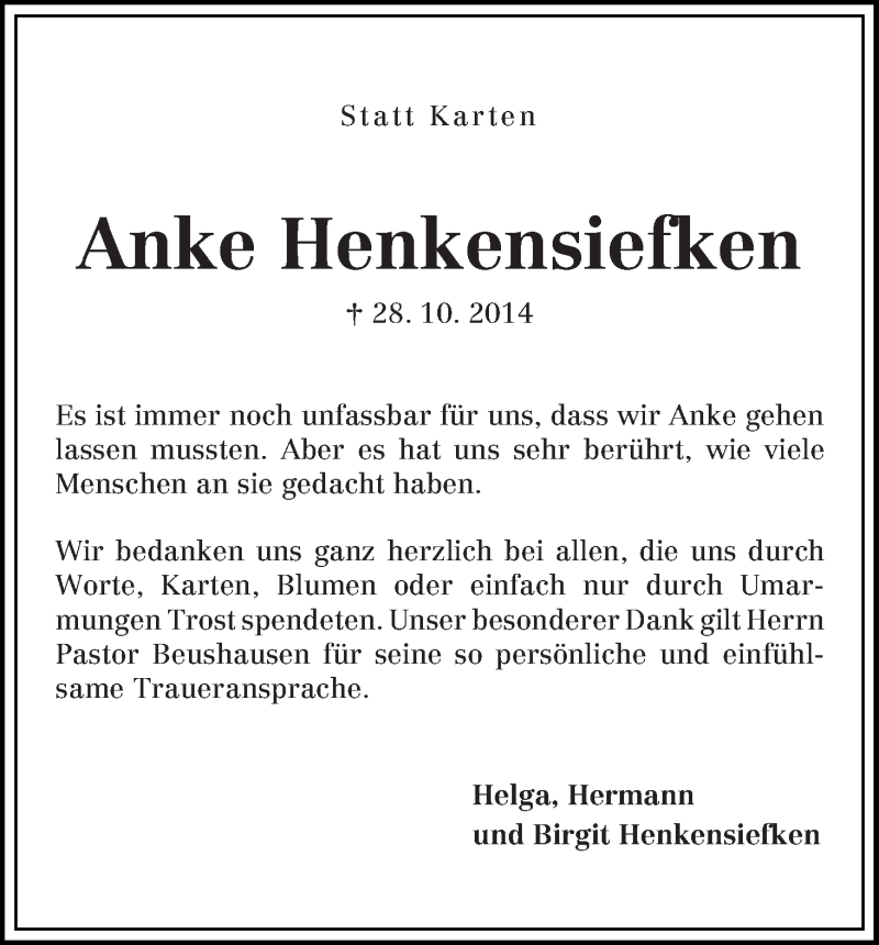 Traueranzeige von Anke Henkensiefken von WESER-KURIER