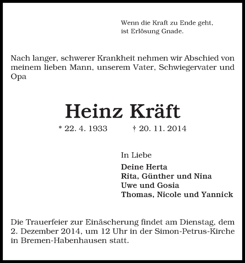 Traueranzeige von Heinz Kräft von WESER-KURIER