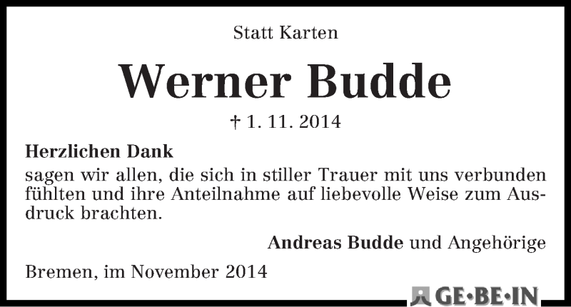 Traueranzeige von Werner Budde von WESER-KURIER