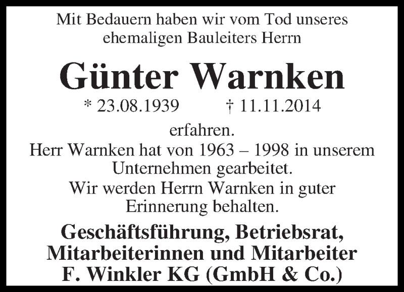Traueranzeige von Günter Warnken von WESER-KURIER