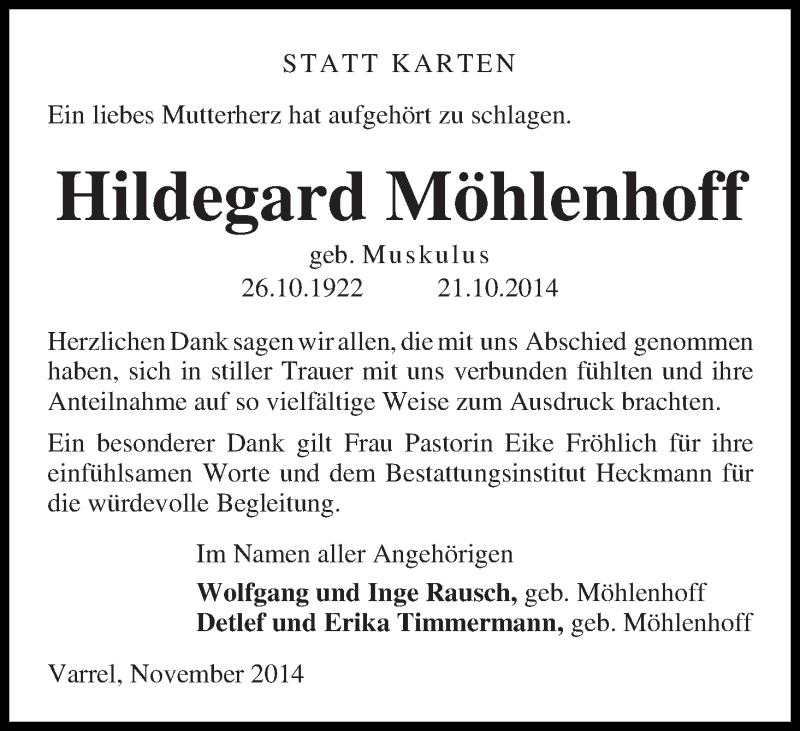 Traueranzeige von Hildegard Möhlenhoff von Regionale Rundschau/Syker Kurier