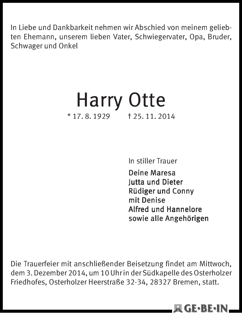 Traueranzeige von Harry Otte von WESER-KURIER