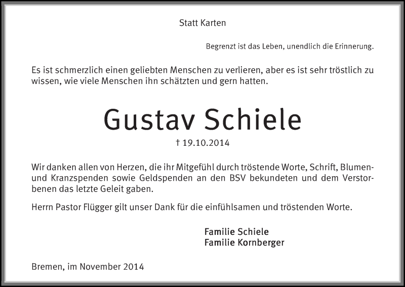 Traueranzeige von Gustav Schiele von WESER-KURIER