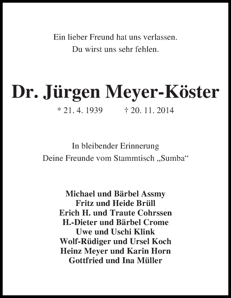 Traueranzeige von Jürgen Meyer-Köster von WESER-KURIER