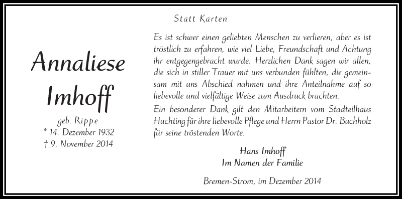 Traueranzeige von Annaliese Imhoff von WESER-KURIER