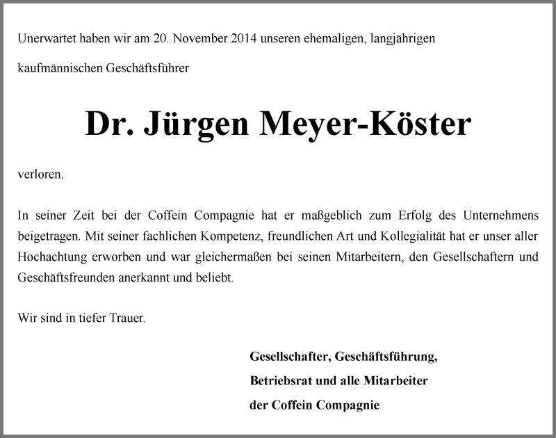 Traueranzeige von Jürgen Meyer-Köster von WESER-KURIER