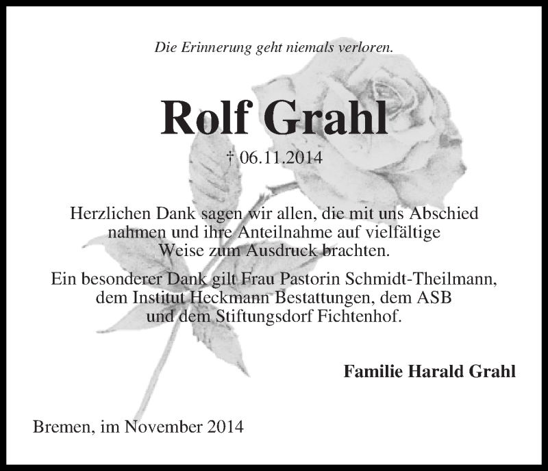 Traueranzeige von Rolf Grahl von Die Norddeutsche