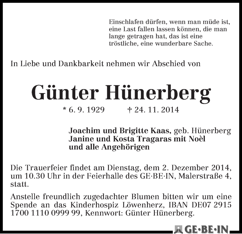 Traueranzeige von Günter Hünerberg von WESER-KURIER