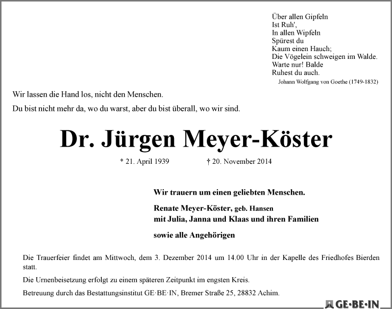 Traueranzeige von Jürgen Meyer-Köster von WESER-KURIER