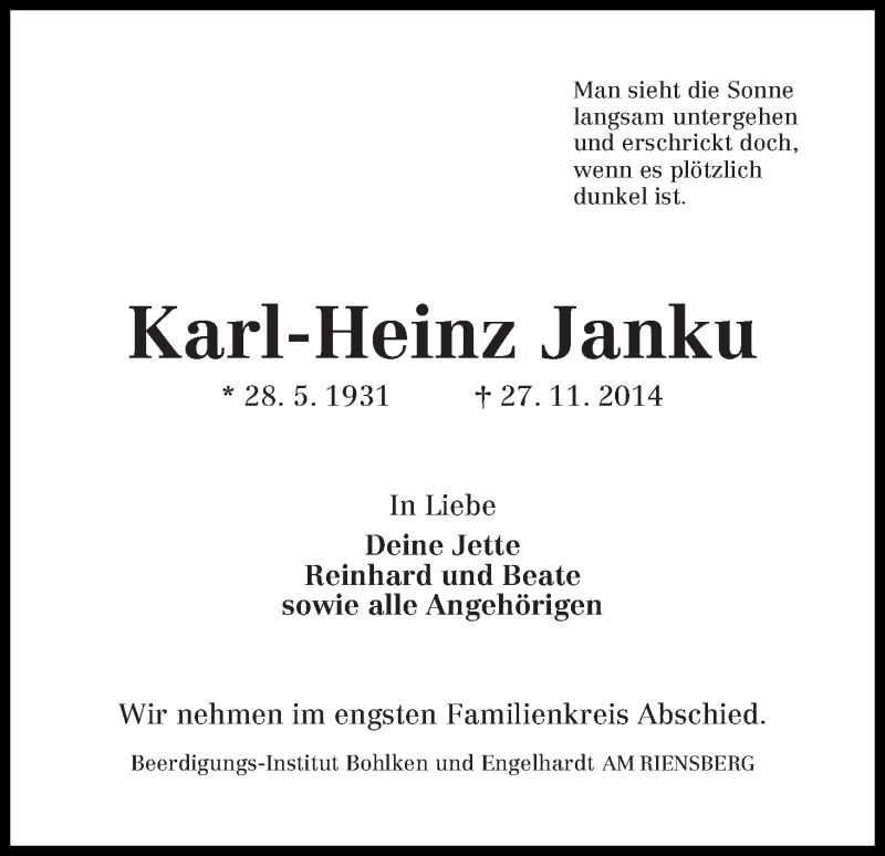 Traueranzeige von Karl-Heinz Janku von WESER-KURIER