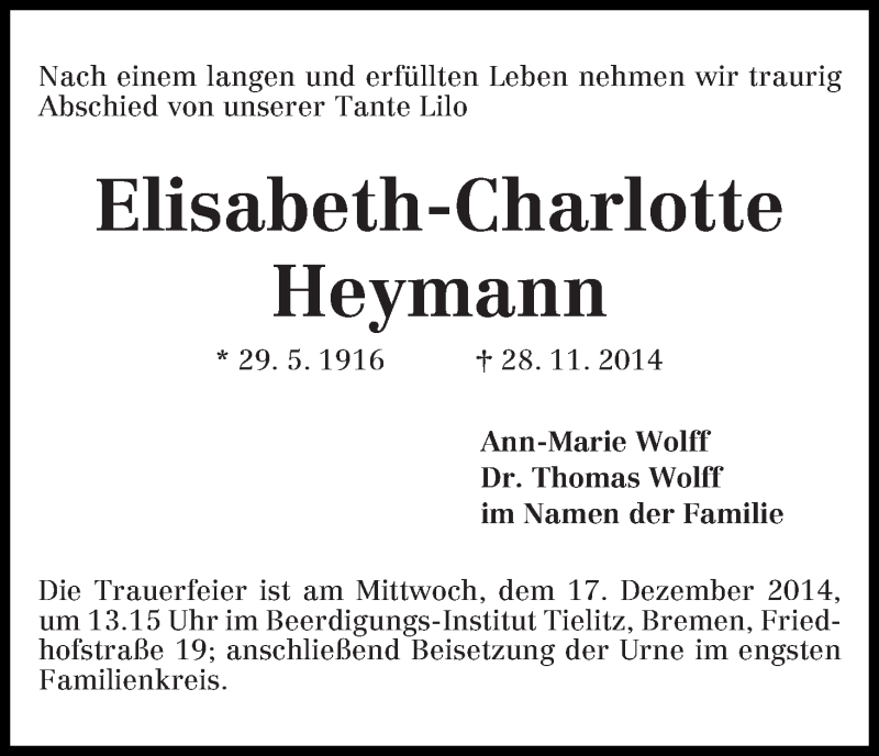 Traueranzeige von Elisabeth-Charlotte Heymann von WESER-KURIER