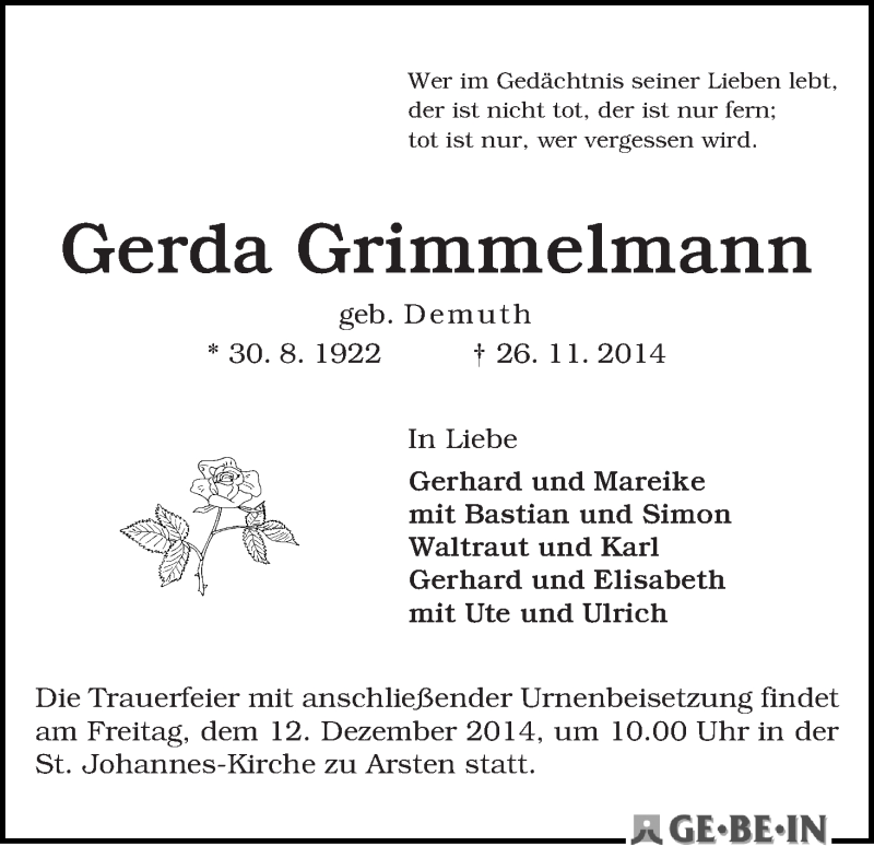 Traueranzeige von Gerda Grimmelmann von WESER-KURIER