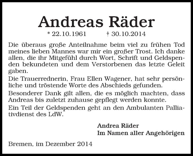 Traueranzeige von Andreas Räder von WESER-KURIER