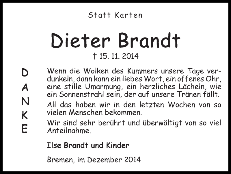 Traueranzeige von Dieter Brandt von WESER-KURIER