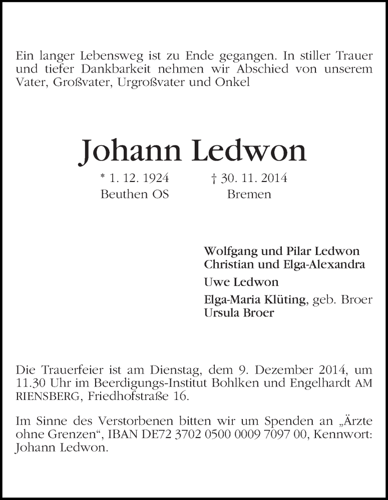 Traueranzeige von Johann Ledwon von WESER-KURIER
