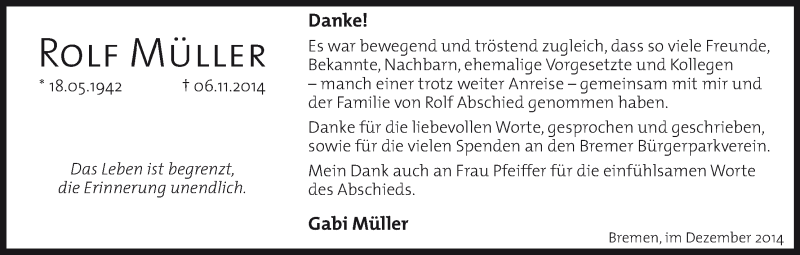 Traueranzeige von Rolf Müller von WESER-KURIER