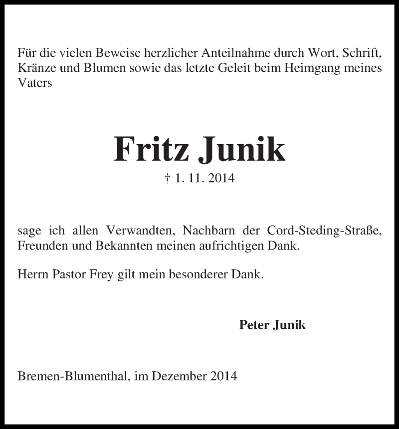 Traueranzeige von Fritz Junik von Die Norddeutsche