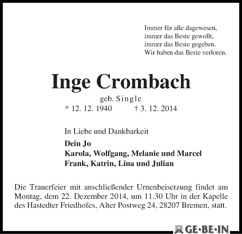 Traueranzeige von Inge Crombach von WESER-KURIER