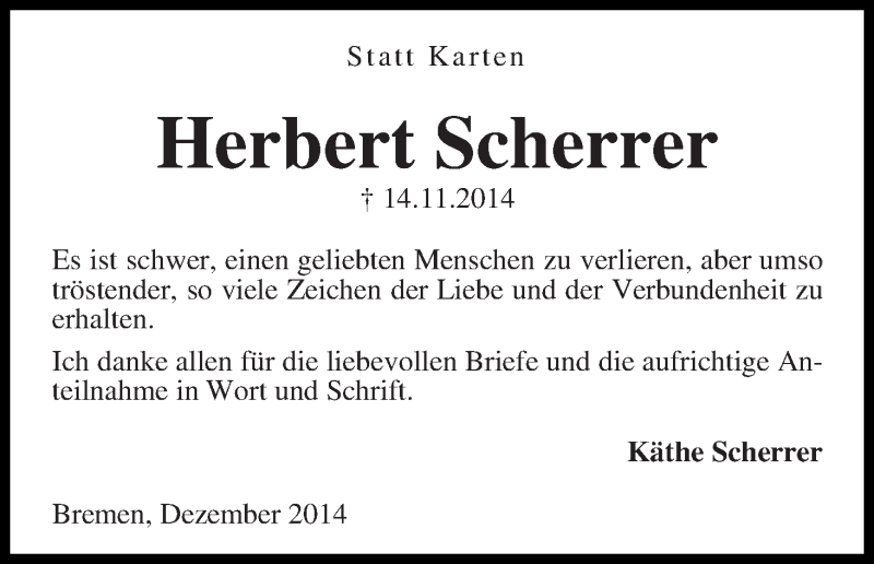 Traueranzeige von Herbert Scherrer von WESER-KURIER