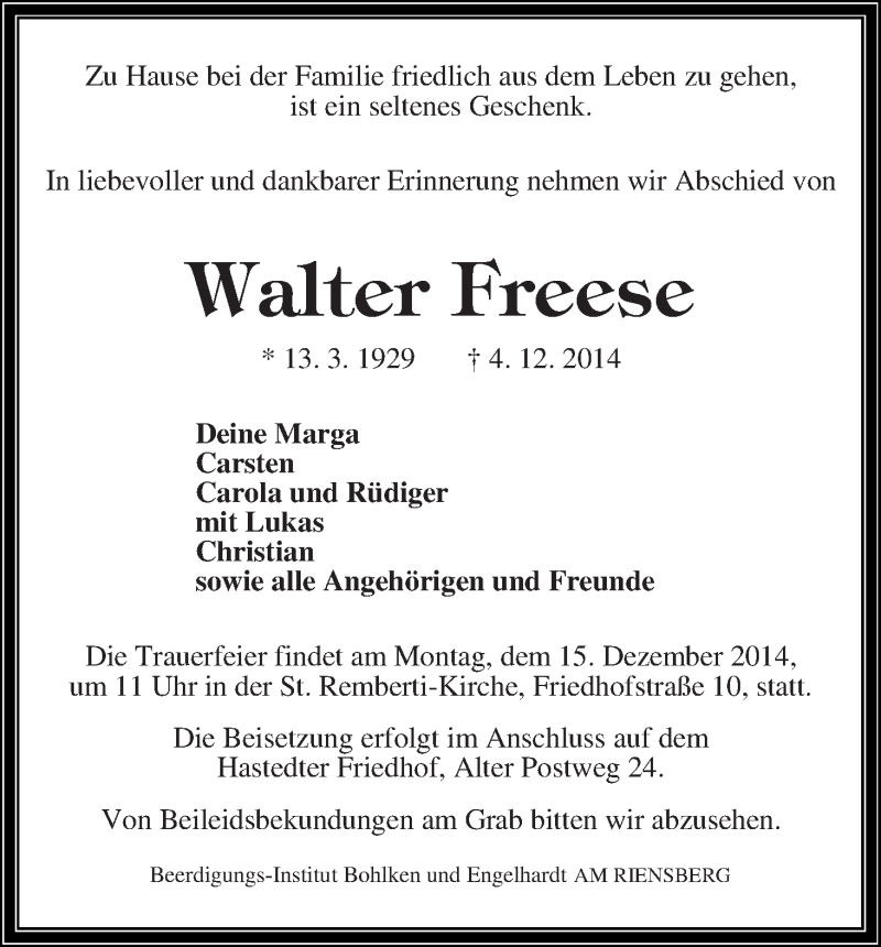 Traueranzeige von Walter Freese von WESER-KURIER