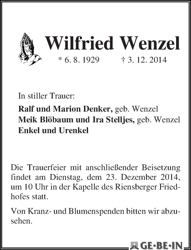 Traueranzeige von Wilfried Wenzel von WESER-KURIER