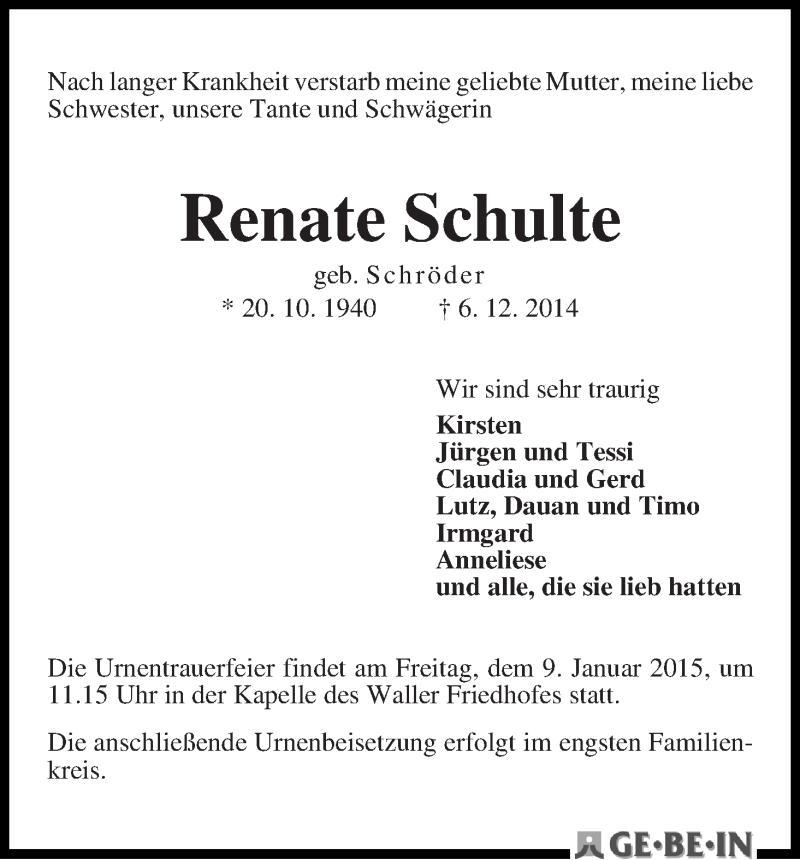 Traueranzeige von Renate Schulte von WESER-KURIER
