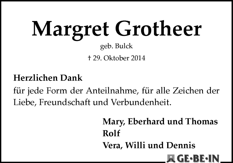 Traueranzeige von Margret Grotheer von WESER-KURIER