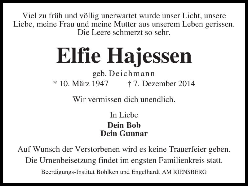 Traueranzeige von Elfriede Hajessen von Wuemme Zeitung
