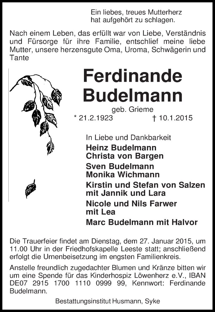 Traueranzeige von Ferdinande Budelmann von Regionale Rundschau/Syker Kurier