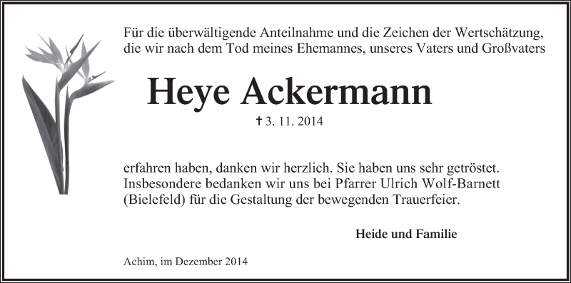 Traueranzeige von Heye Ackermann von WESER-KURIER
