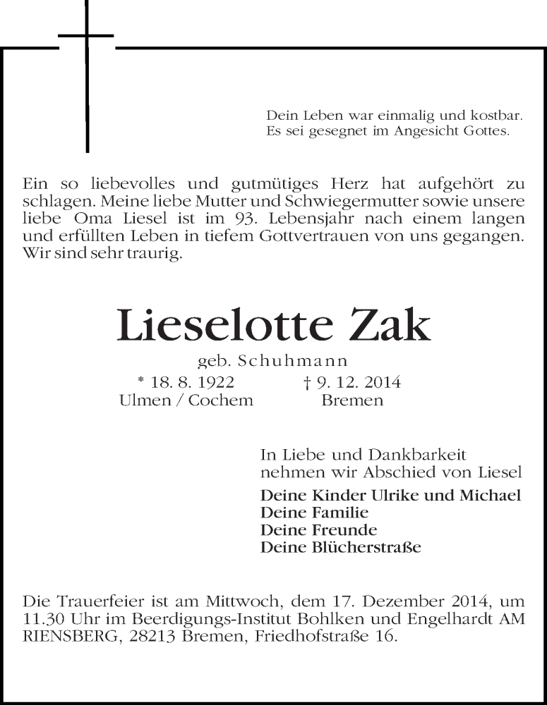 Traueranzeige von Lieselotte Zak von WESER-KURIER