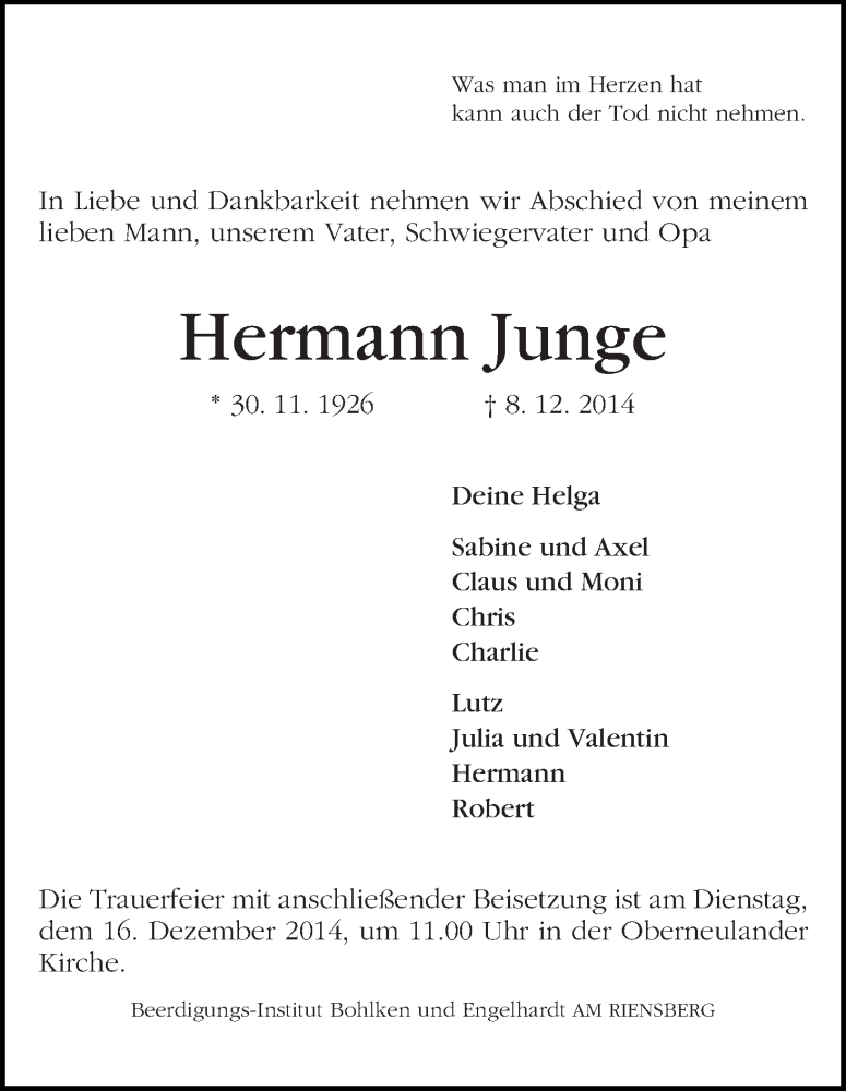 Traueranzeige von Hermann Junge von Wuemme Zeitung
