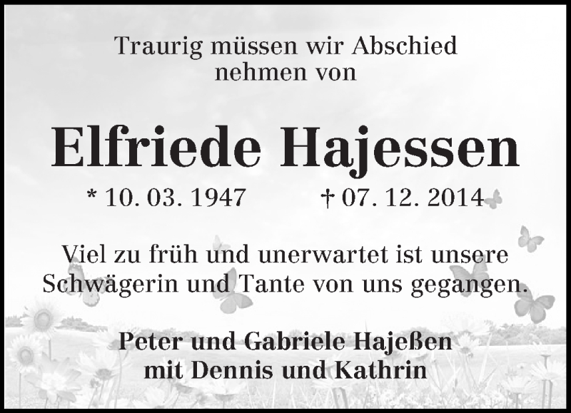 Traueranzeige von Elfriede Hajessen von WESER-KURIER