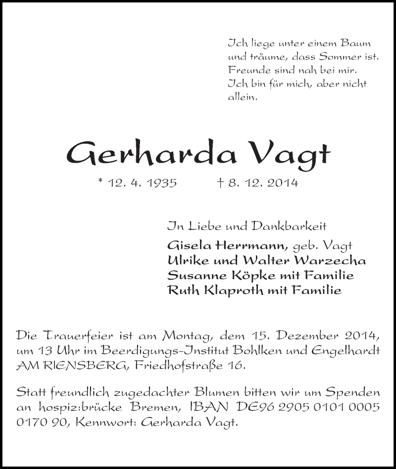 Traueranzeige von Gerharda Vagt von WESER-KURIER