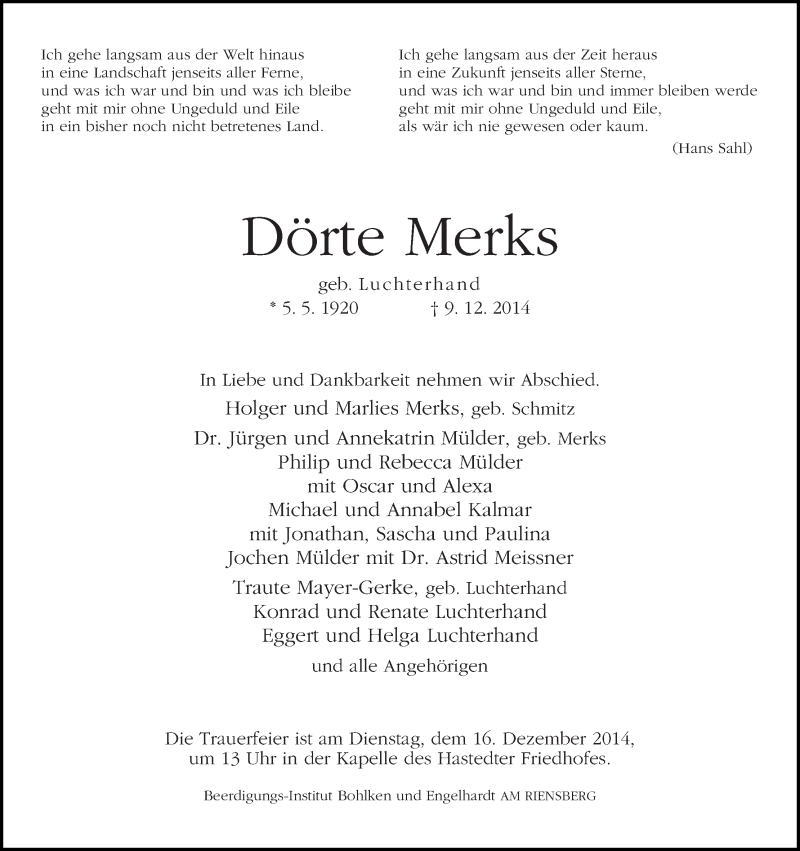 Traueranzeige von Dörte Merks von WESER-KURIER