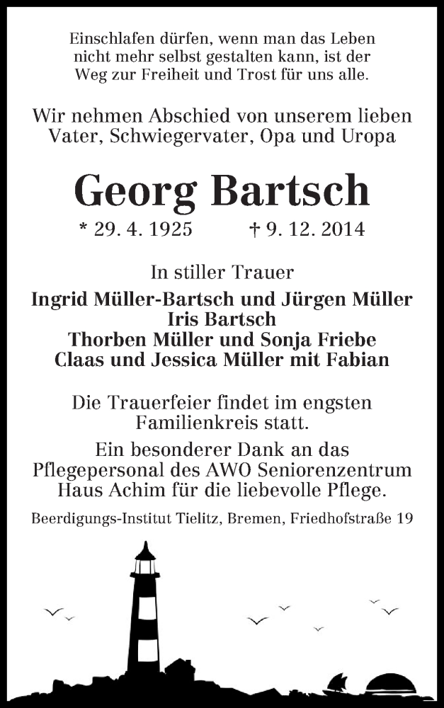 Traueranzeige von Georg Bartsch von WESER-KURIER
