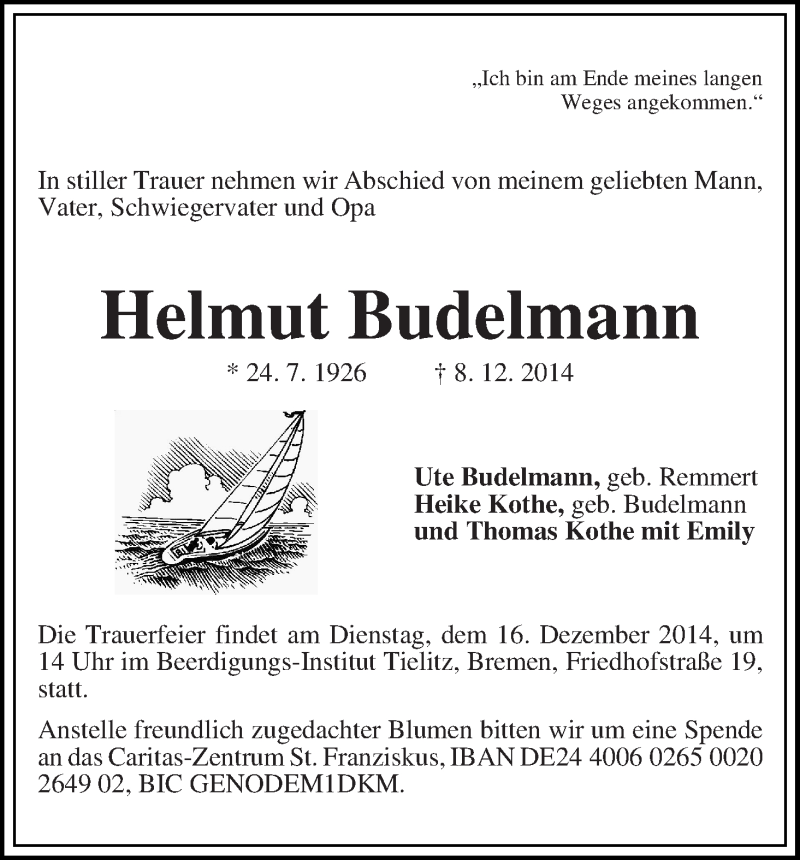 Traueranzeige von Helmut Budelmann von WESER-KURIER
